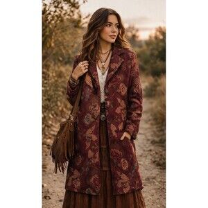 Cabi Jacobean Floral Brocade Tapestry Coat Boho Festival Hippie Groovy Brown 12